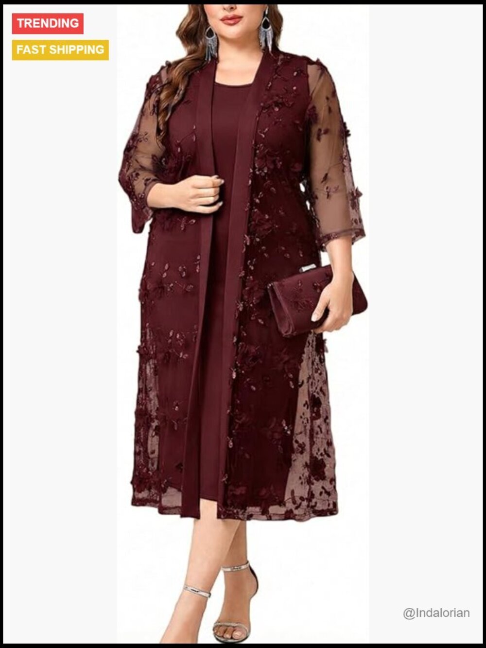 Plus Size 2 Piece Formal Dress Set with 3D Floral Mesh Jacket